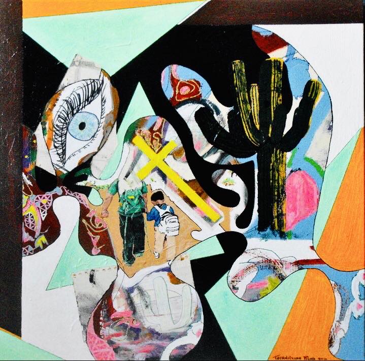 Abstract collage artwork with geometric shapes, cactus, and mixed media elements in bright colors