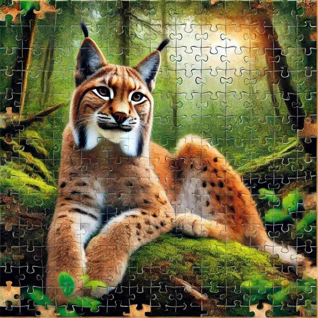 Lynx and fluffy cub resting on a mossy log in a sunlit forest