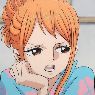 Anime girl with orange hair in bun showing annoyed expression, chin resting on hand