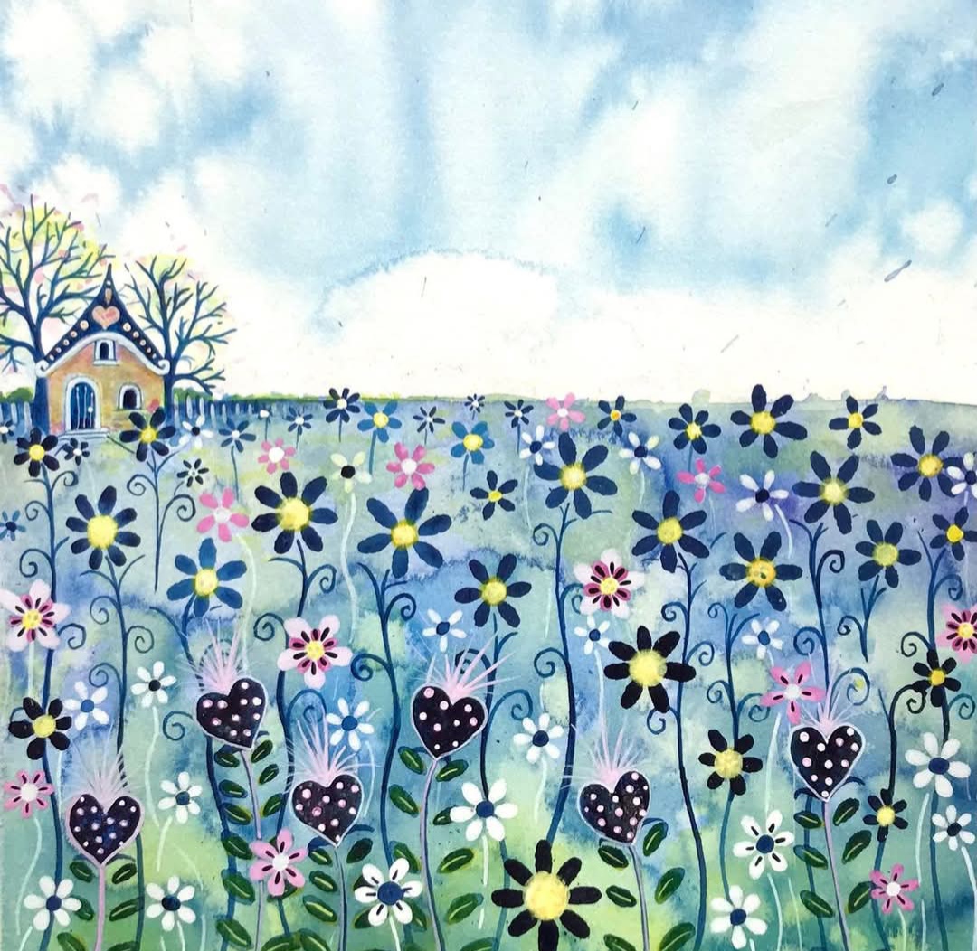Watercolor painting of a flower-filled hillside with a small cottage and blue sky