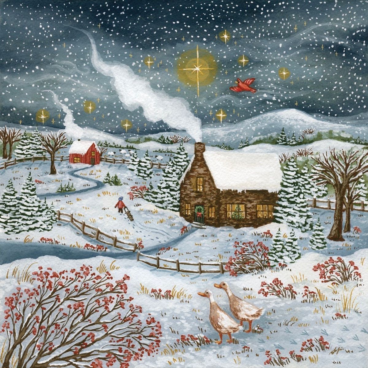 Painting of a snowy cottage at night with stars, trees, birds, and a winter village landscape