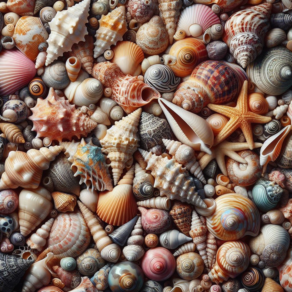 Close-up of assorted seashells and starfish covering the entire image