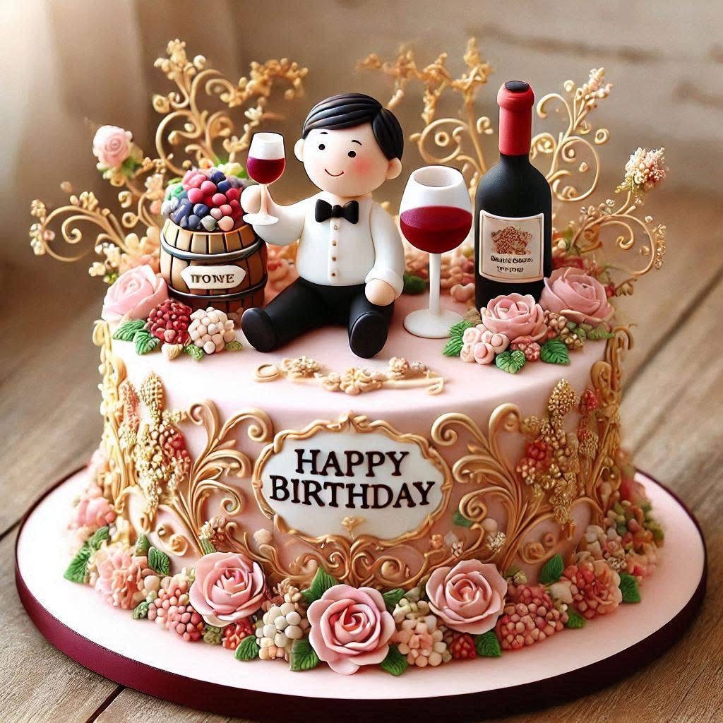 Birthday cake topped with wine bottles, sommelier figure, gold baroque ornaments and pink roses with Happy Birthday text