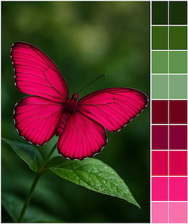 Bright pink butterfly with black wing edges perched on green leaf