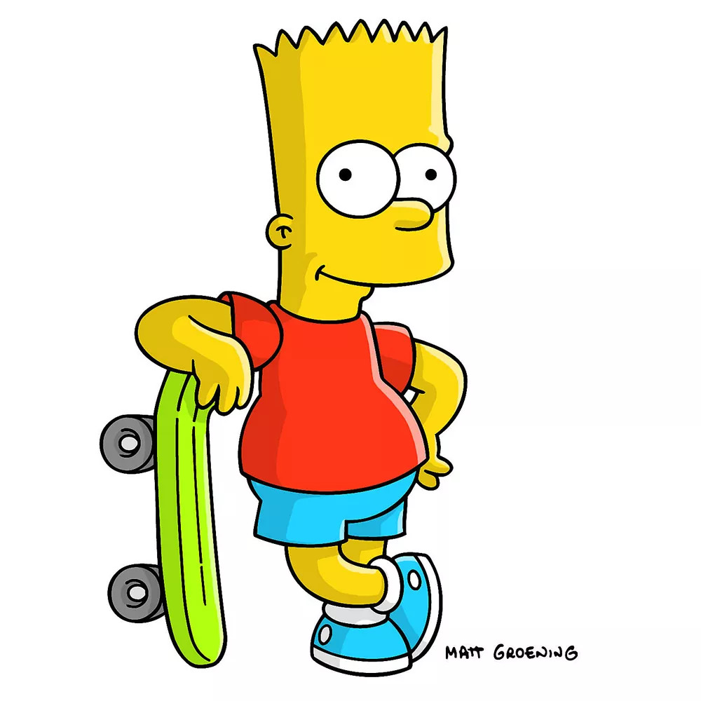 Bart Simpson cartoon character standing with a green skateboard, wearing red shirt and blue shorts