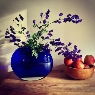 Blue Vase with Purple Flowers