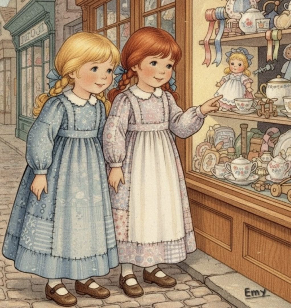 Two vintage-style illustrated girls in pinafore dresses looking at dolls and teacups in a shop window