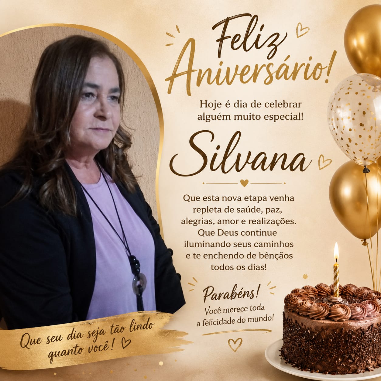 Birthday greeting card with a woman, chocolate cake, gold balloons, and Feliz Aniversário text for Silvana