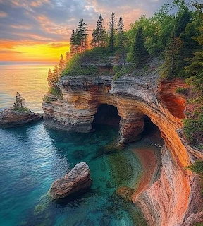 Pictured Rocks Sea Cave Sunset