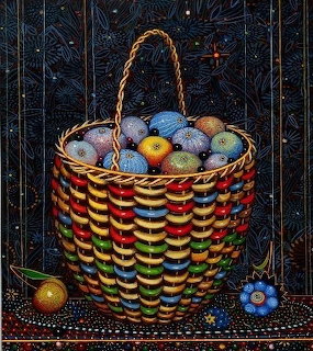 Colorful still life painting of a woven basket filled with fruit on a dark patterned background