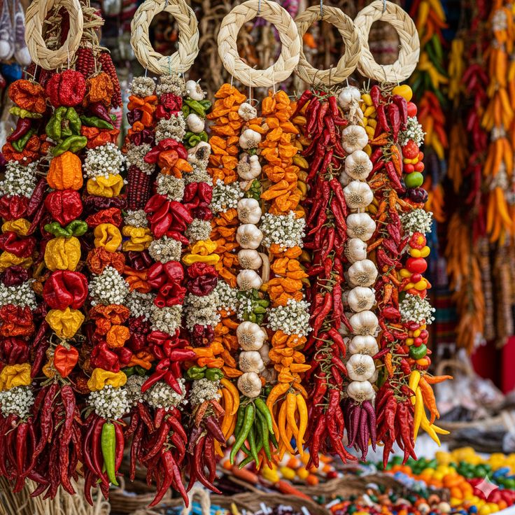 Colorful hanging strings of dried chili peppers, garlic bulbs, and dried flowers at a market