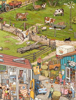 Illustrated farm market with cows, fences, hay bales, and people beside a small rural shop