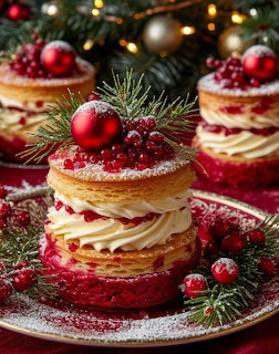 Stack of pancakes with berries, sugar, and pine needles, surrounded by Christmas ornaments and lights