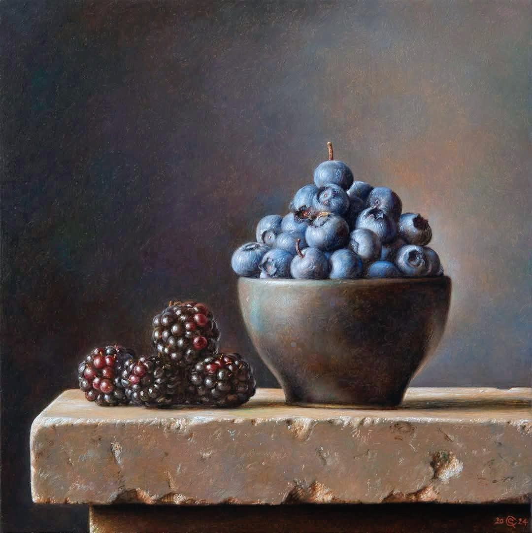 Oil painting of blueberries in brown bowl with blackberries on stone ledge