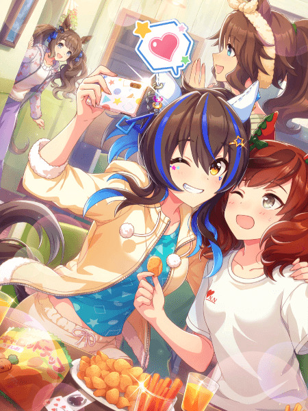 Anime girls taking selfies and eating snacks at a colorful indoor party