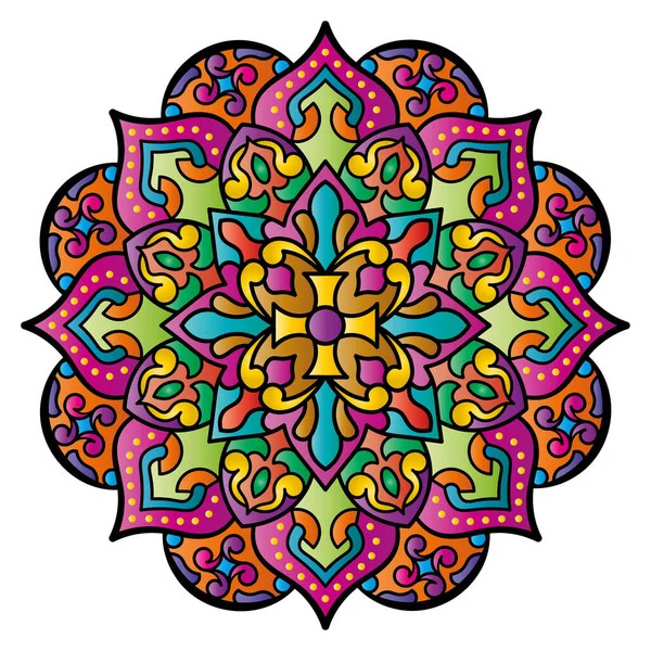 Colorful symmetrical mandala with ornate floral patterns in bright colors