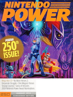 Magazine cover with Mega Man and Proto Man facing a robot boss in a sci-fi setting