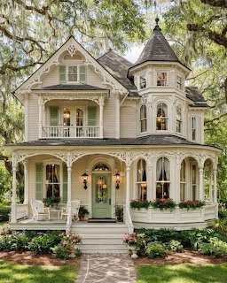 Victorian-style house with a wraparound porch, turret, and garden in a wooded setting