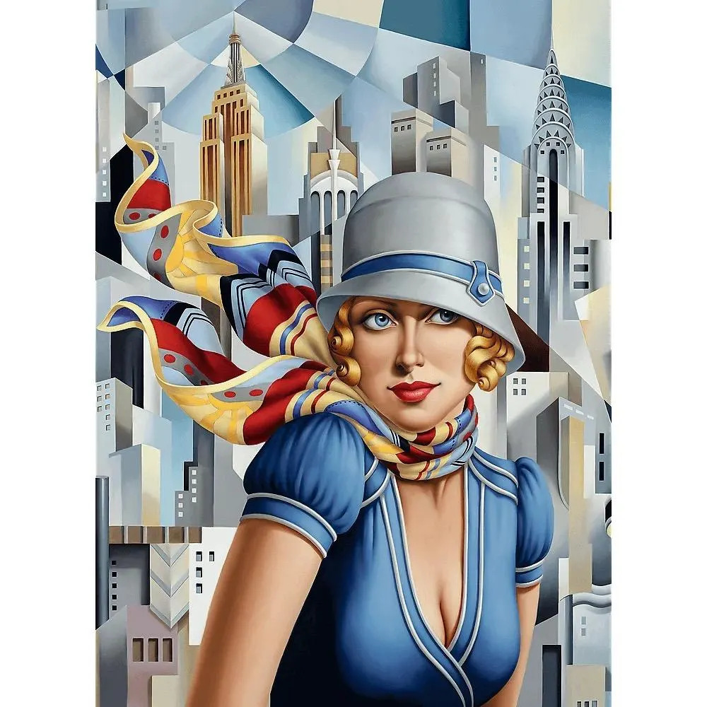 Art deco style woman in blue cloche hat with colorful scarf against geometric city buildings