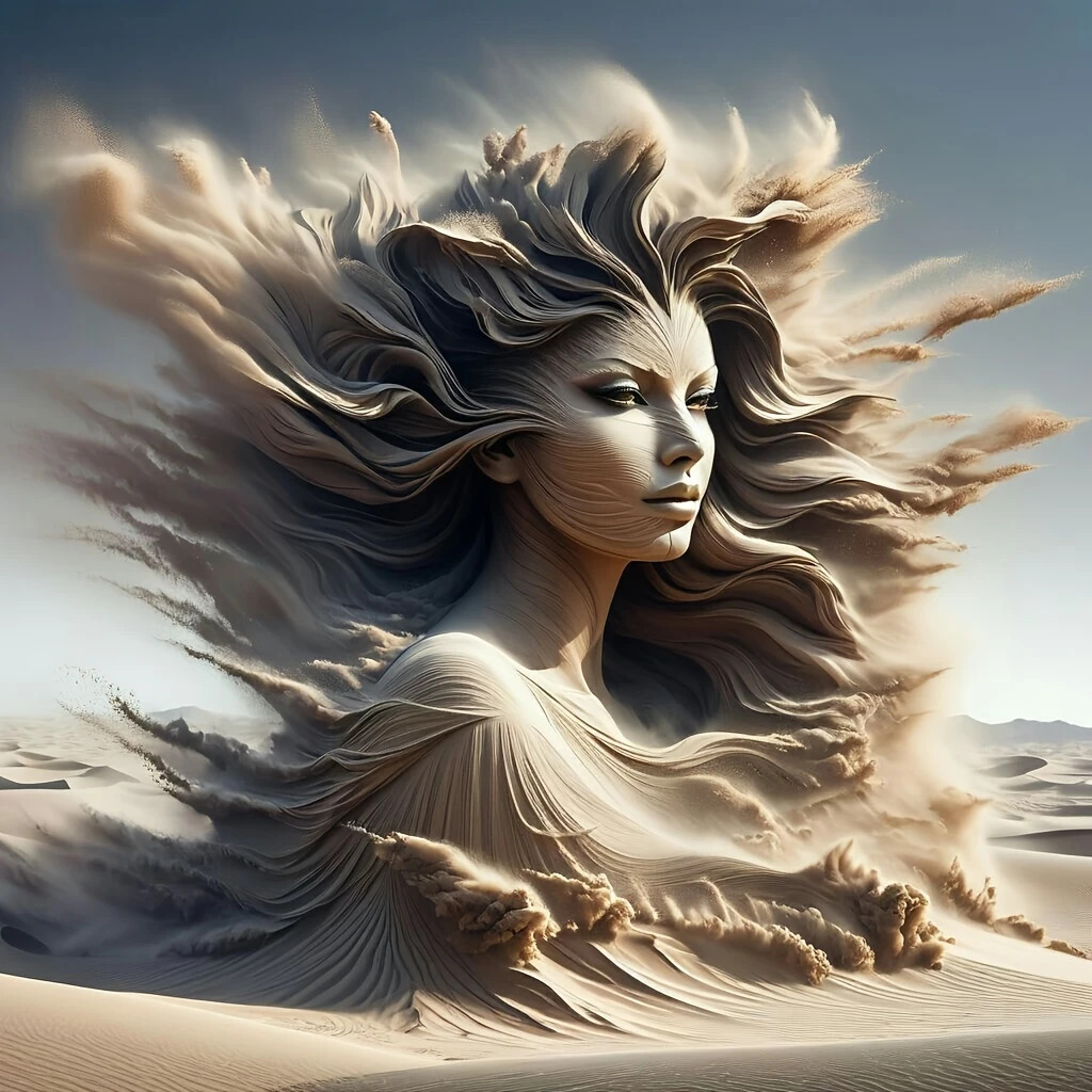 Surreal portrait of woman's face blending with windswept sand dunes and flowing hair against cloudy sky