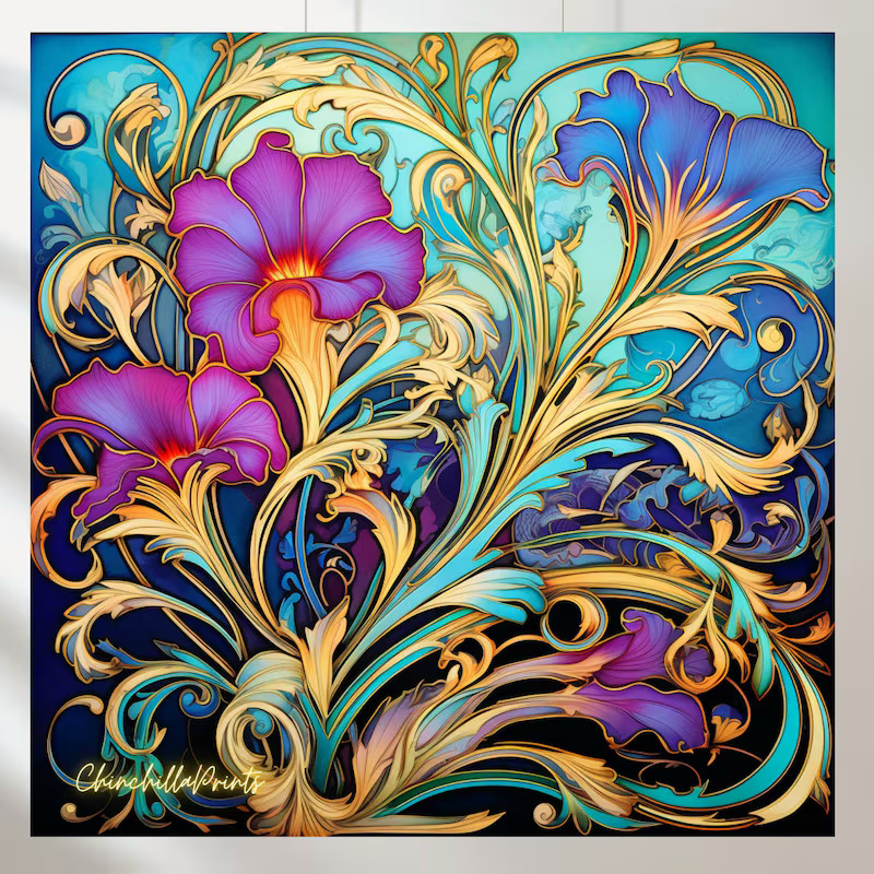 Abstract floral artwork with purple and blue flowers and ornate gold swirls on a teal background