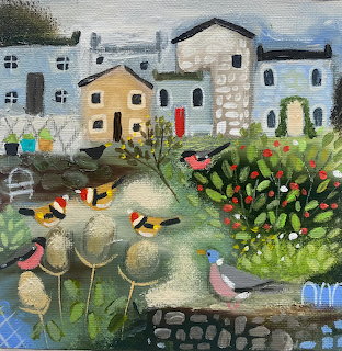 Folk art painting of a community garden with houses, birds, trees and flowers in naive style