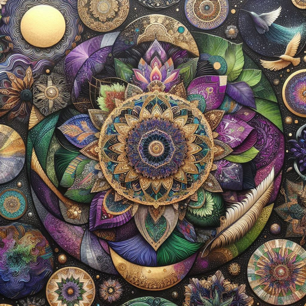Detailed mandala with purple and green petals, gold accents, and ornate circular designs on dark background