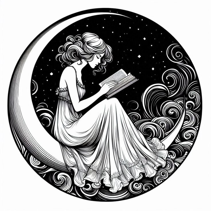 Black and white illustration of a woman reading on a crescent moon among stars and swirling clouds