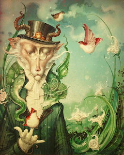 Surreal painting of a pale top-hatted figure with curling green shapes and small birds
