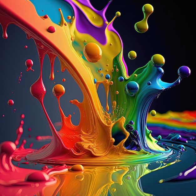 Vivid rainbow paint splashes and droplets on a dark background