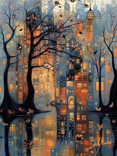 Tall fantasy castle with glowing windows reflected in water, surrounded by bare trees at twilight