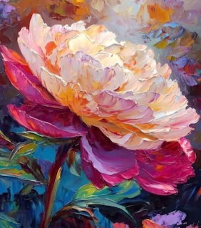 Impressionist oil painting of blooming peony flower with layered pink and cream petals using thick impasto brushstrokes
