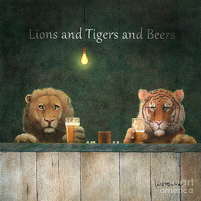 Lion and tiger at a bar holding glasses of beer under a hanging light