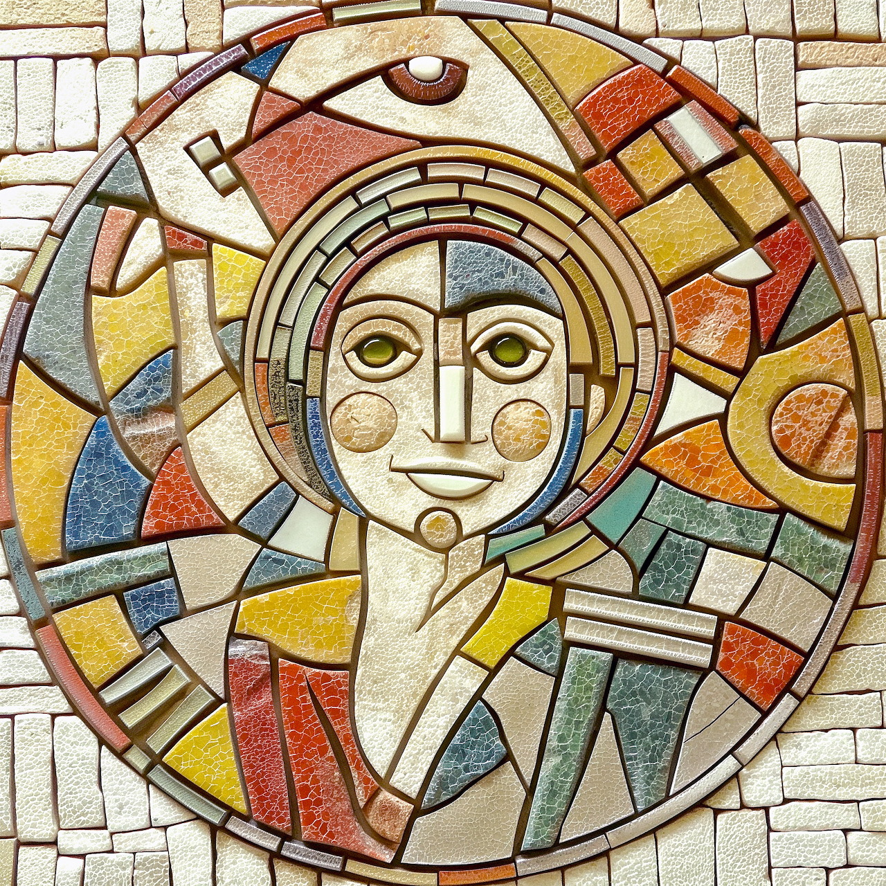Roman mosaic depicting a pale face with large eyes, surrounded by concentric circles of colorful geometric tile patterns
