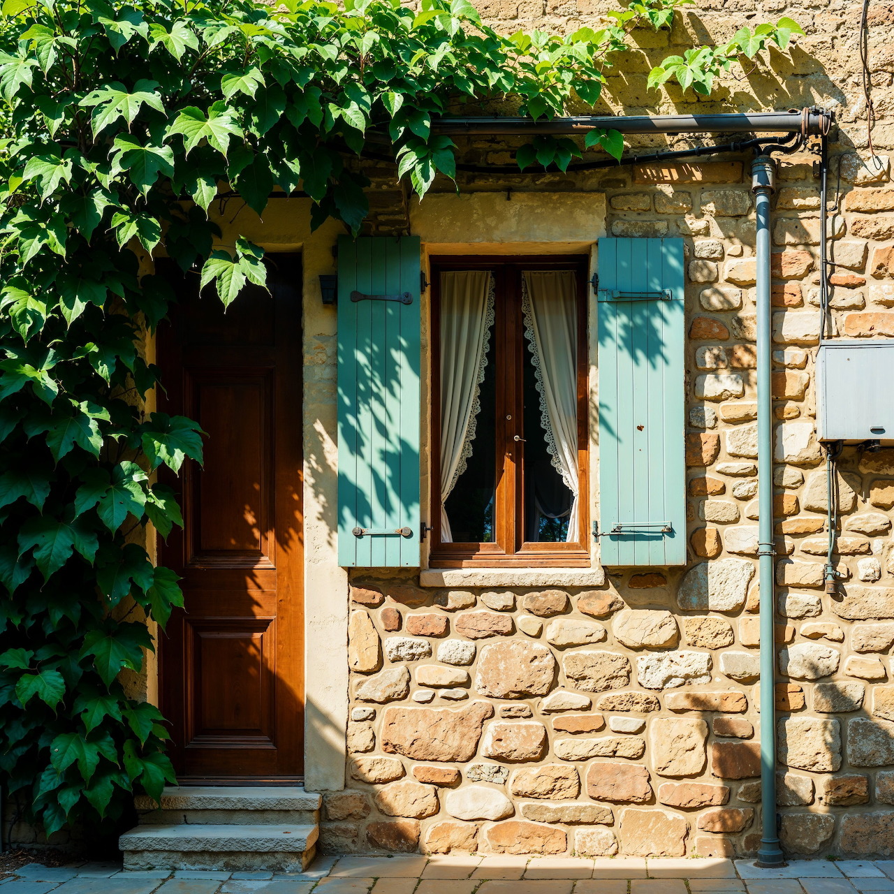 Stone wall with wooden door and turquoise shuttered window framed by green ivy