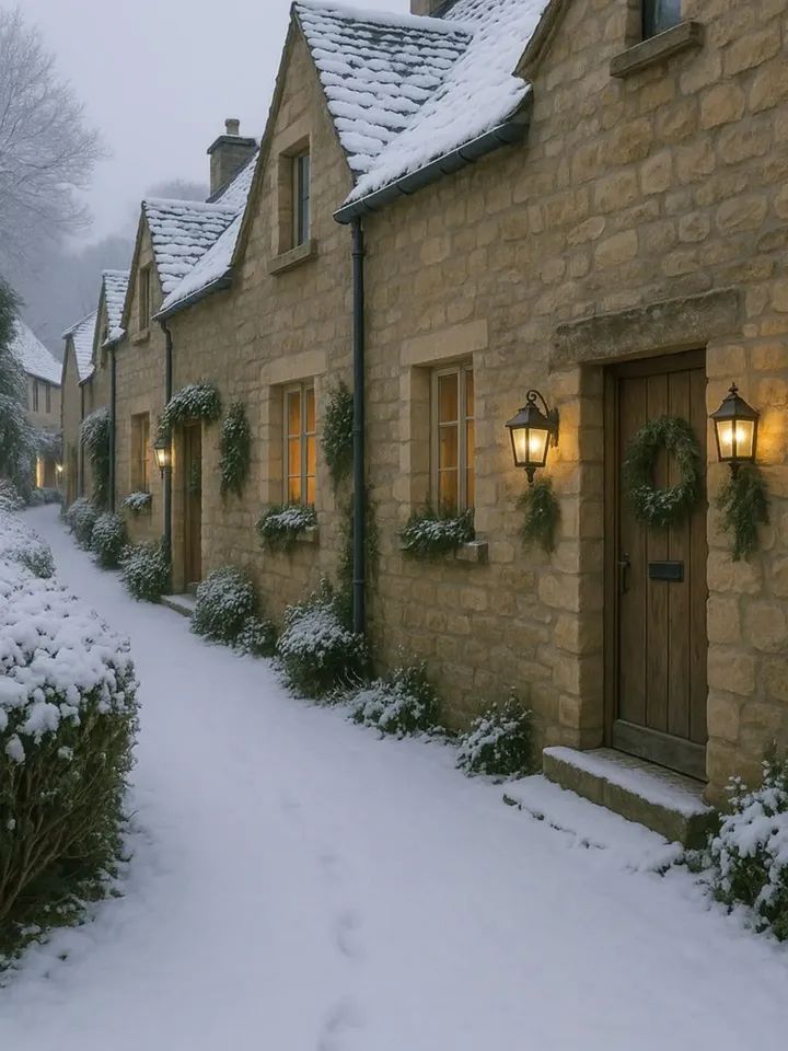 Snow-dusted Cotswold stone cottages with lit lanterns and Christmas wreaths along a narrow winter street