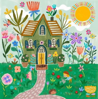Illustrated cottage with flower garden, bright sun, and decorative plants in folk art style