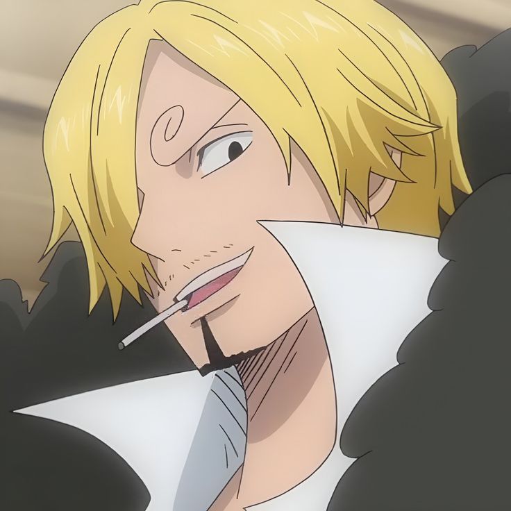 Blonde anime character Sanji from One Piece smoking cigarette in black suit