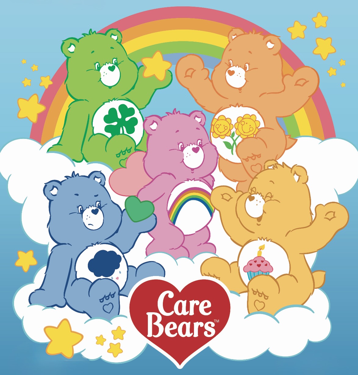 Six Care Bears in a circle with rainbow, stars, clouds, and Care Bears logo in red heart