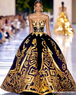 Model on runway wearing a strapless black and gold ball gown with ornate baroque patterns