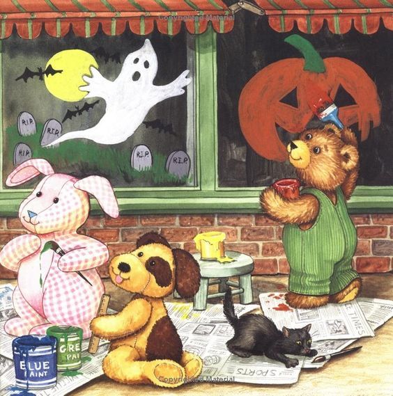 Halloween illustration with plush toys, a black cat, pumpkin costume, and ghost in a window