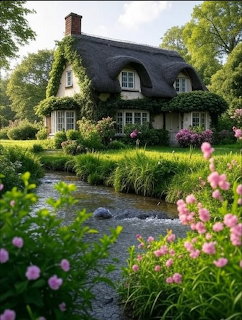 Thatched cottage with white walls in blooming garden with pink flowers and green hedges