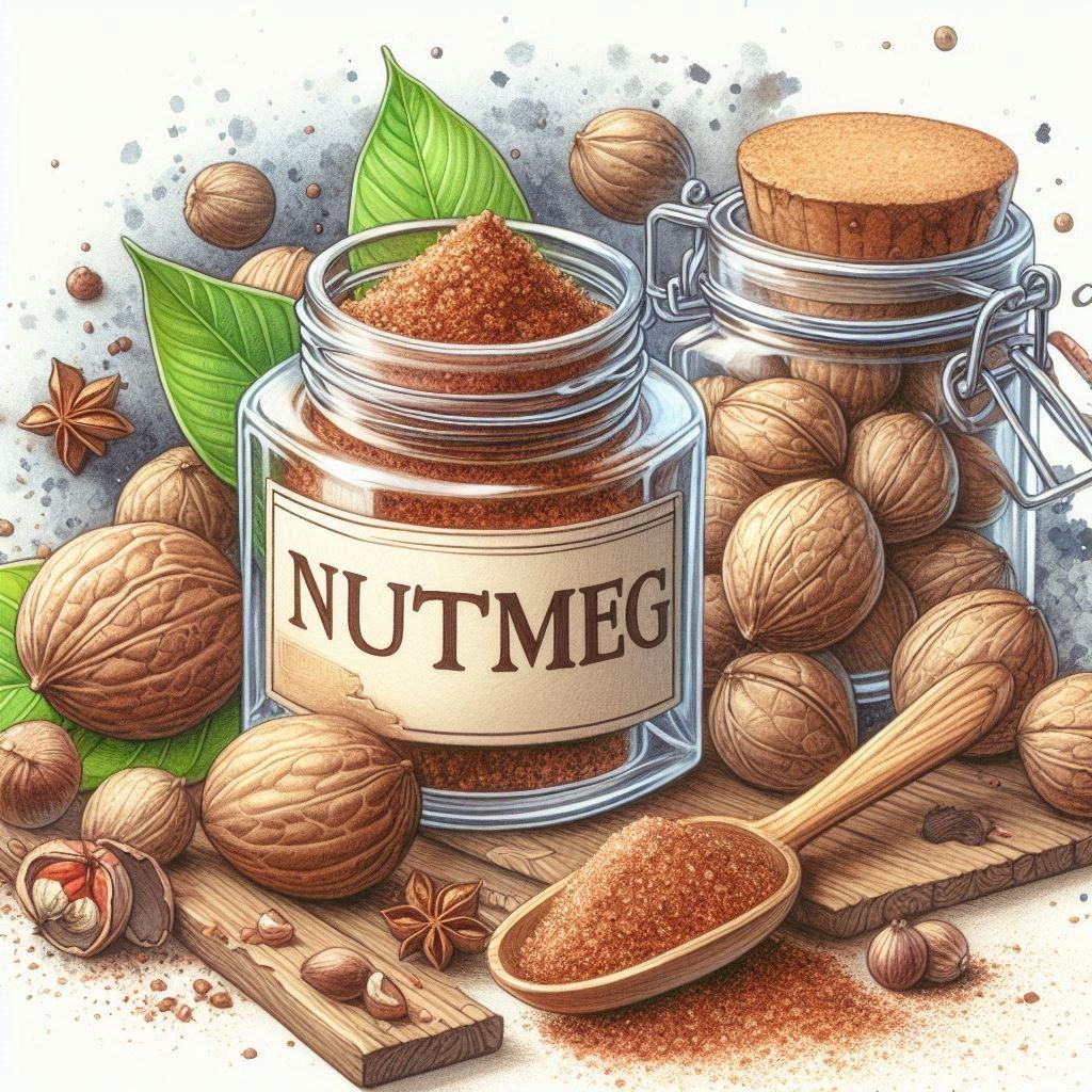 Glass jar of nutmeg spice with whole nutmeg nuts and wooden spoon of ground spice