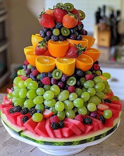 Multi-tiered display of assorted fresh fruits arranged on white cake stand