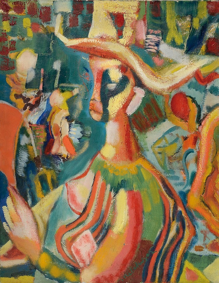 Colorful expressionist painting of stylized human figures with bold brushstrokes and vivid colors
