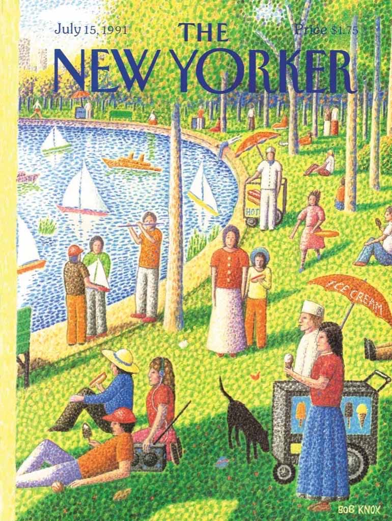 New Yorker magazine cover showing people enjoying a sunny afternoon in a park by the water with sailboats