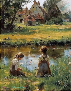 Painting of two girls sitting by a pond near green fields and rustic cottages