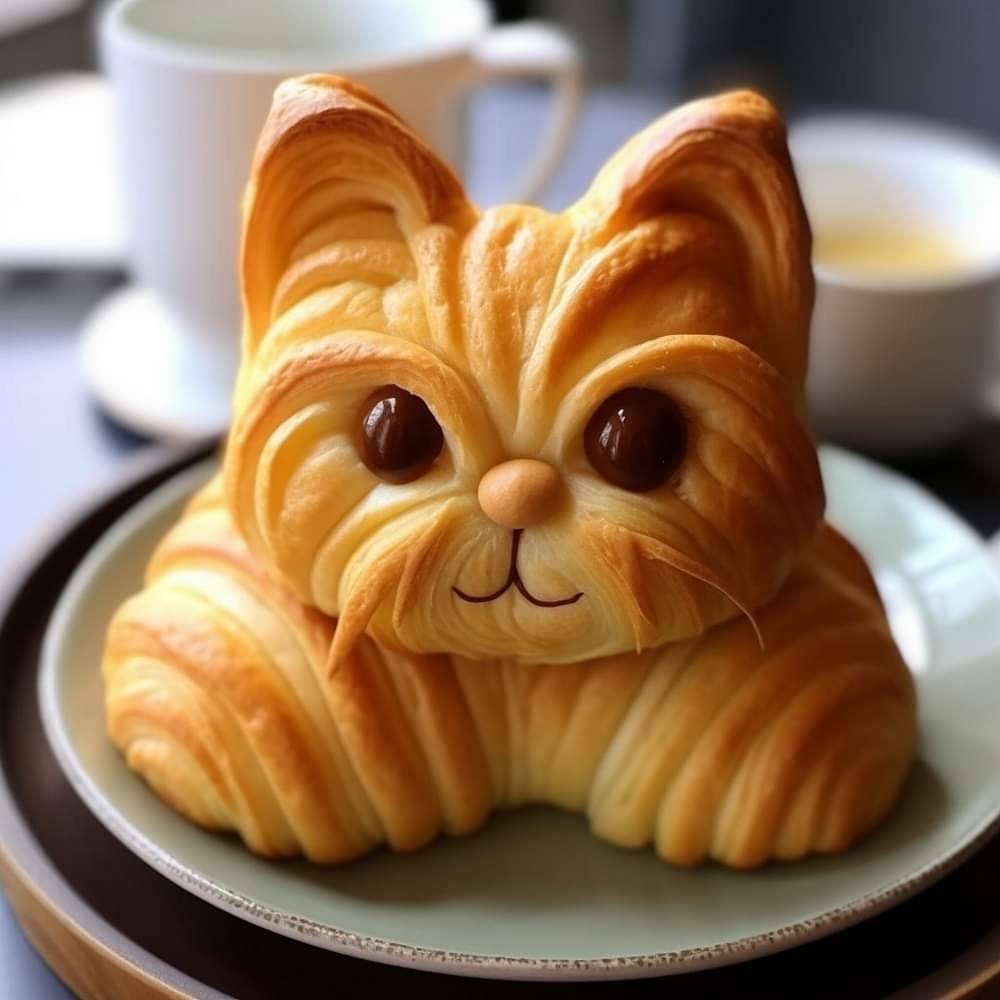 Croissant pastry shaped like a cat with chocolate eyes on a white plate