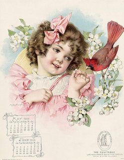 1905 vintage calendar showing girl in pink bow with red cardinal and dogwood flowers