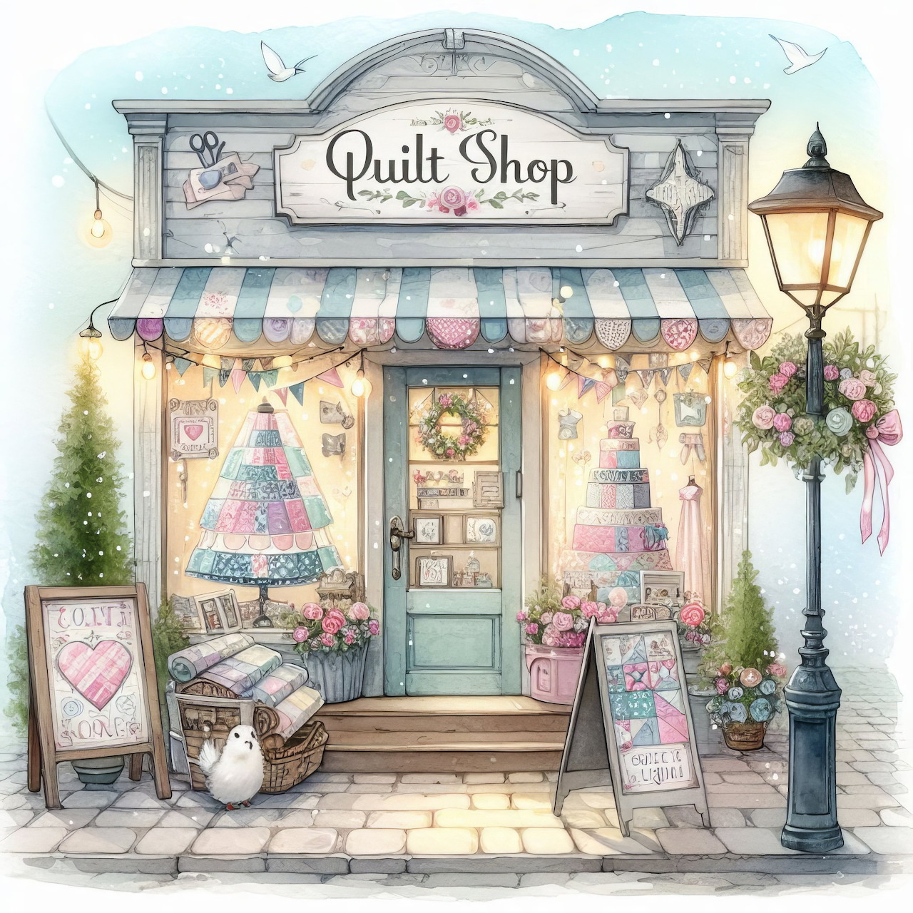 Watercolor illustration of a pastel quilt shop with decorative quilts, flowers, and vintage street lamp